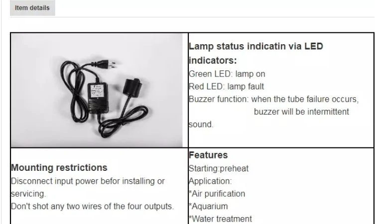 LED Alarm 40W UV Lamp Electronic Ballast