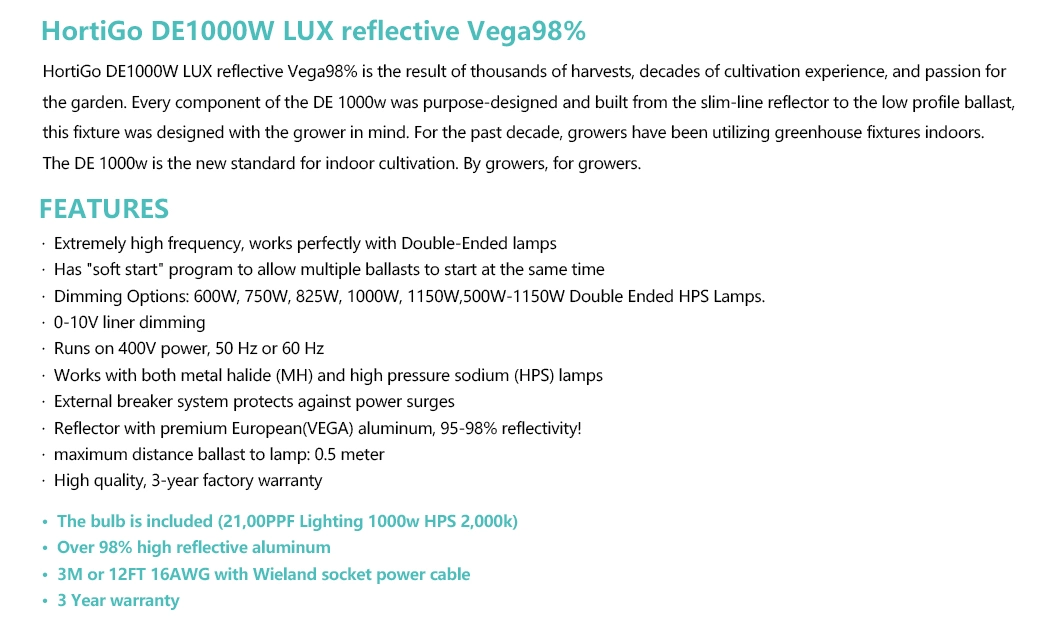 Hortigo Double Ended 1000W Full Spectrum HID Grow Light Fixture Vega Aluminum 98% Reflective Same as Lux for Greenhouse/Hydroponics