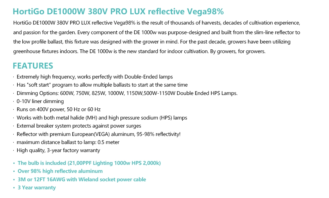 Hortigo 380V PRO Double Ended 1000W HPS Grow Light Fixture Vega Aluminum 98% for Greenhouse/Hydroponics